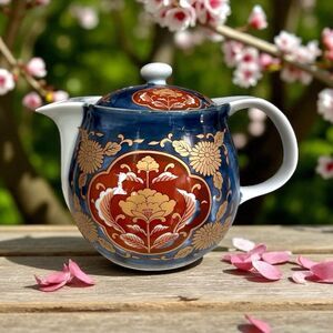 Vintage Arita Ware Red, Blue & Gold Floral Design Teapot  w/Lid and Tea Strainer